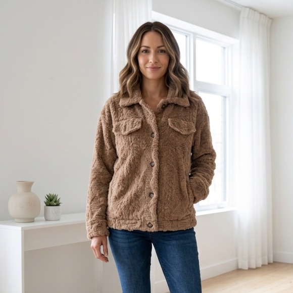 Dokotoo Jackets & Blazers - Dokotoo Fleece Jacket Womens Large Brown Faux Fur Shacket Button Up Cozy Warm